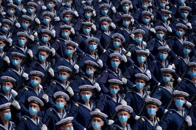 Russian army sailors take part in a rehearsal ahead of postponed WW2 victory parade at a military base in Alabino near Moscow, Russia. Russian Defense Ministry